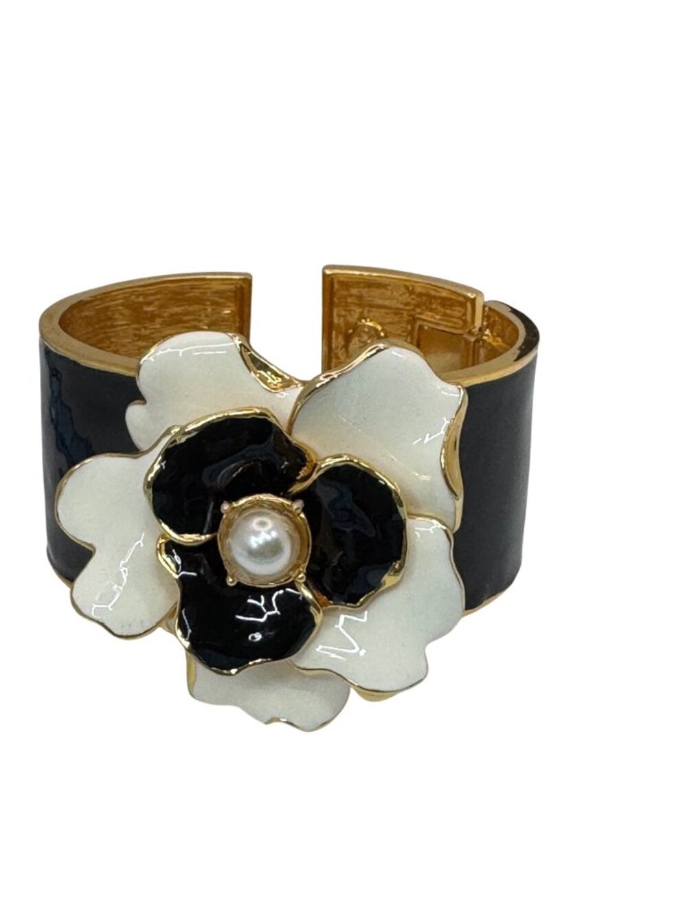 Kenneth Jay Lane Camellia Bracelet Clamper Bangle Hinged Black White Enamel Cuff